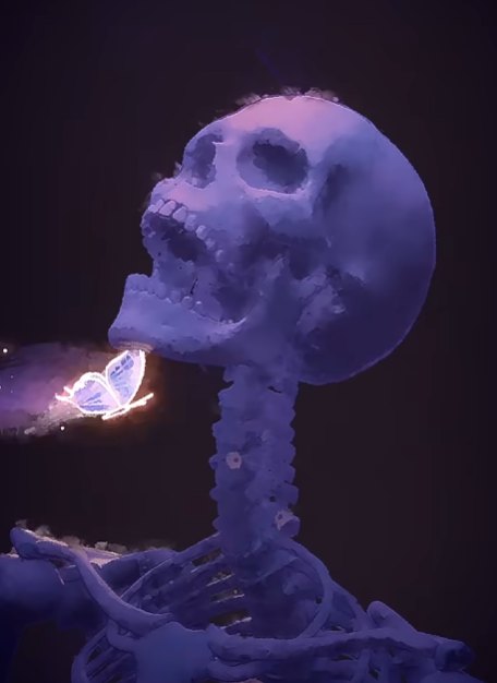 A skeleton among the stars with daisies along its spine