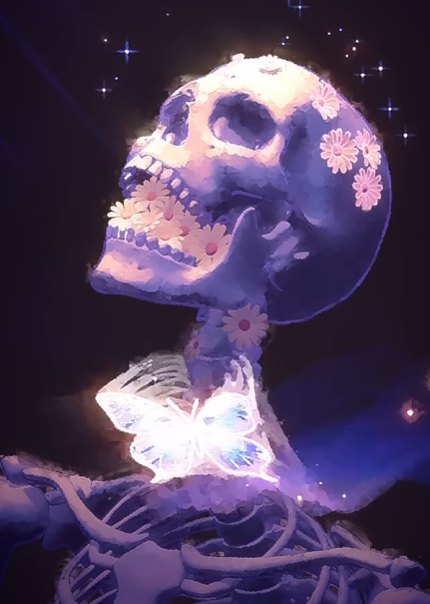 A lavender skeleton with daisies blooming from its jaw and a glowing butterfly at its chest