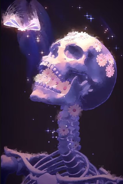 A daisy-covered skull reaching toward a glowing butterfly