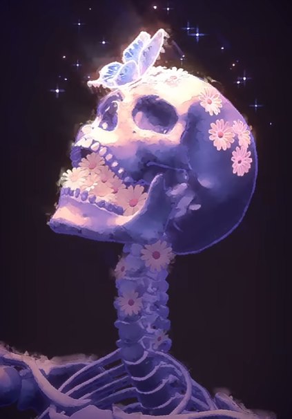 A skeleton looking up at the stars with a butterfly resting on its skull